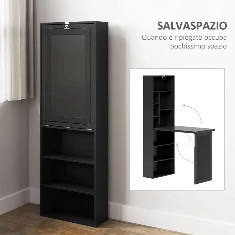 SCRIVANIA MODERNA PIEGHEVOLE CON LIBRERIA E LAVAGNA, IN LEGNO E METALLO, 98X51X153 CM, NERO