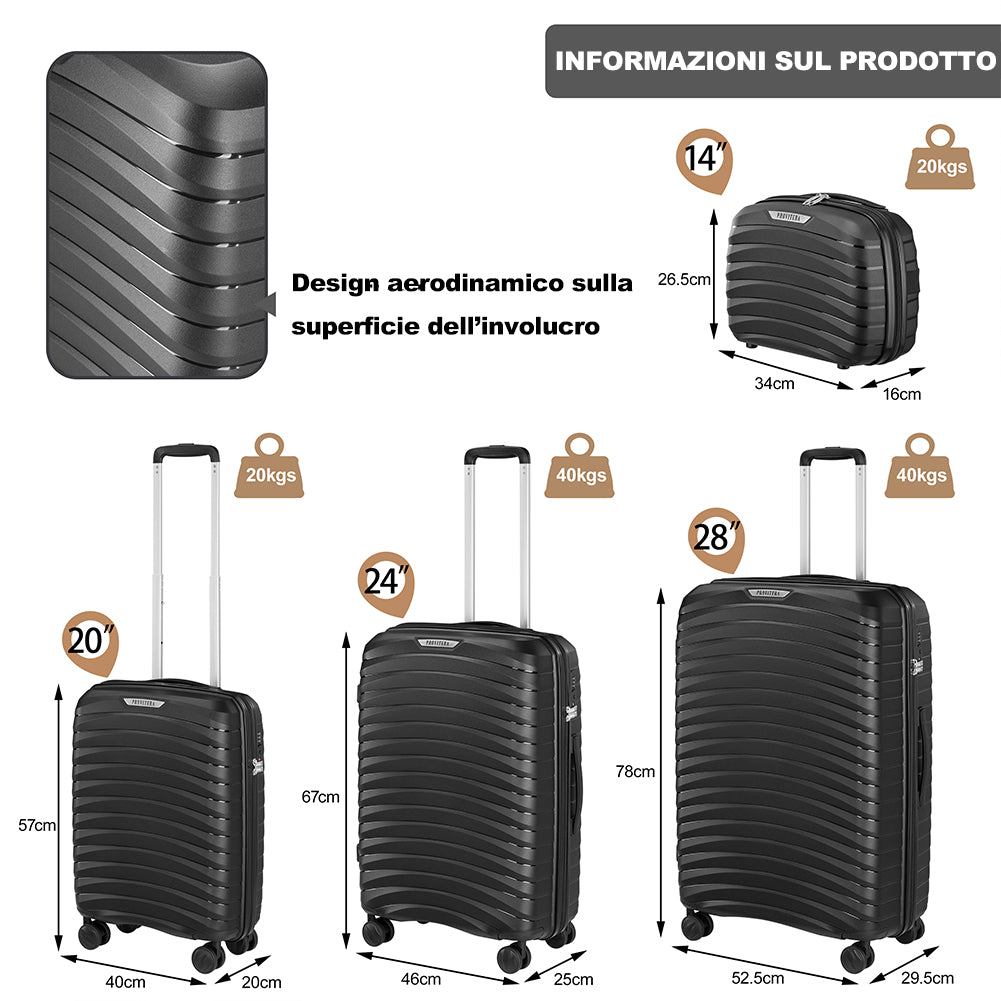 Set 4 Valigie Rigide Nere in Polipropilene Resistente agli Urti Beauty Case