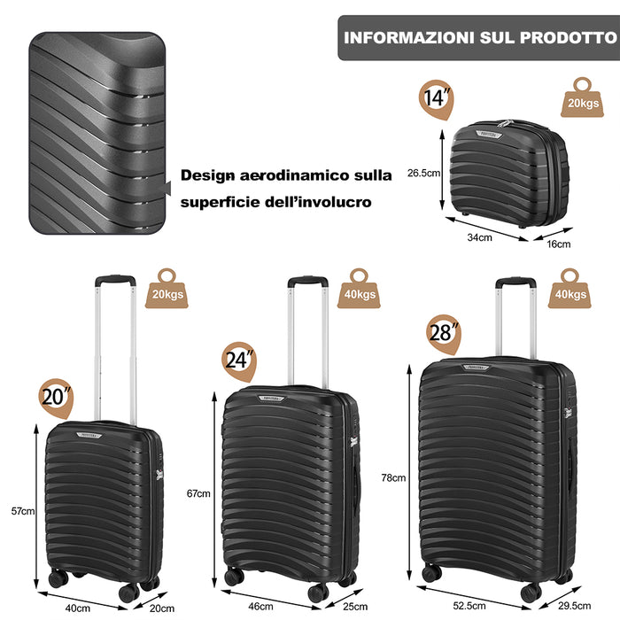 Set 4 Valigie Rigide Nere in Polipropilene Resistente agli Urti Beauty Case