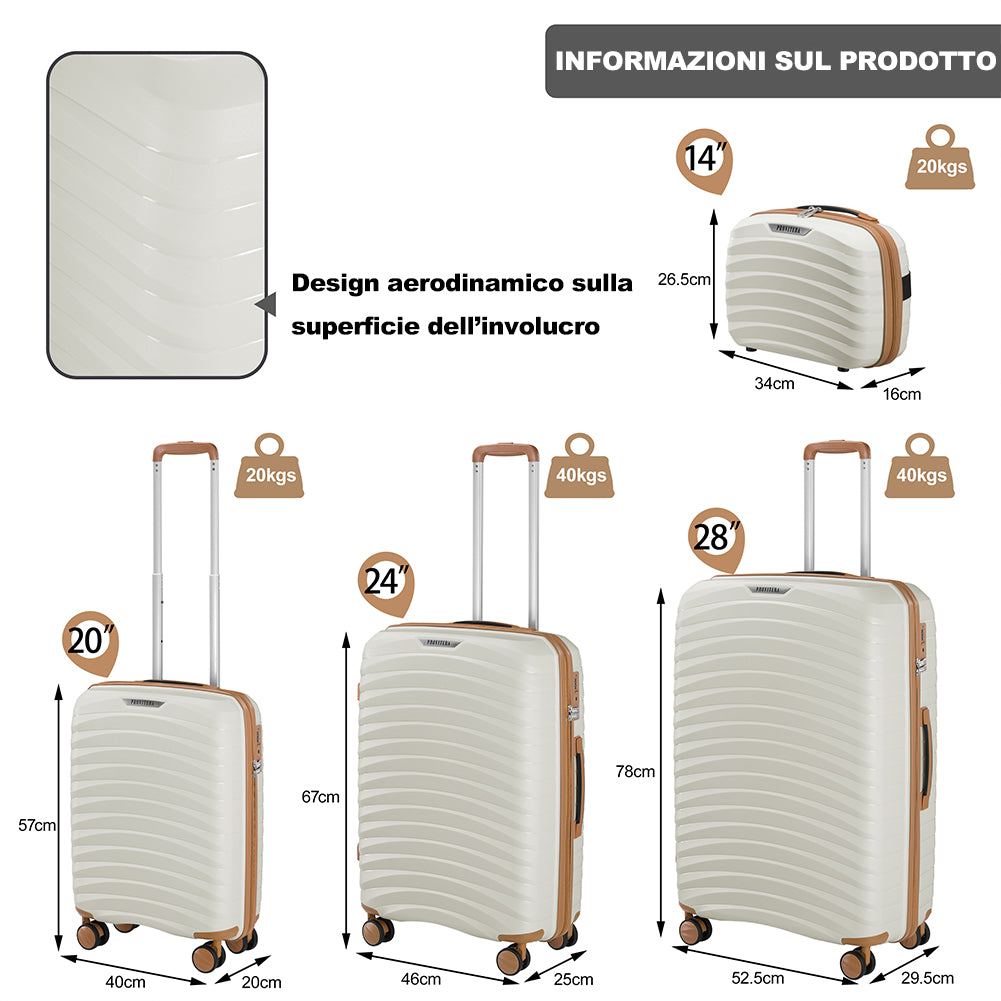 Set 4 Valigie Rigide Bianco Perla in Polipropilene Resistente Urti Beauty Case