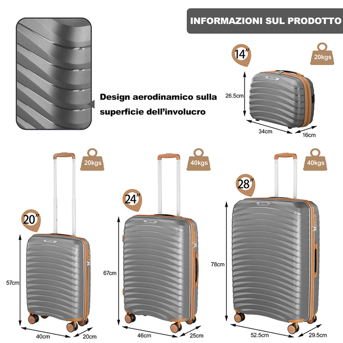 Set 4 Valigie Rigide Grigio in Polipropilene Resistente agli Urti Beauty Case