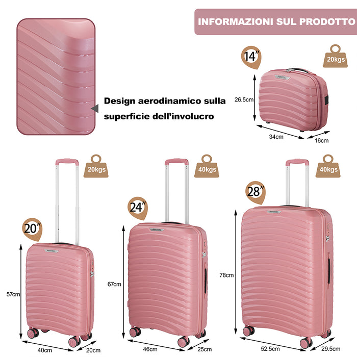 Set 4 Valigie Rigide Rosa in Polipropilene Resistente agli Urti Beauty Case