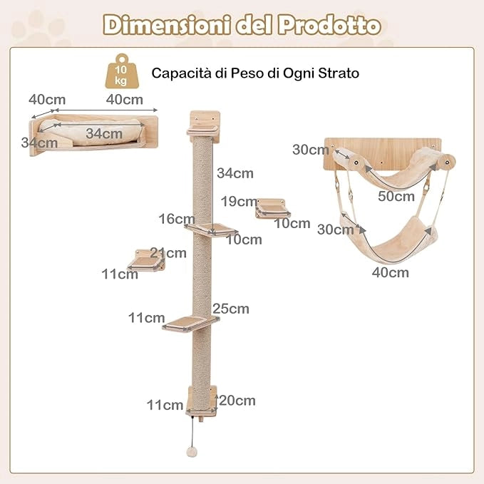 Mensole da Parete per Gatti, Set di Mobili con 2 Amache, Letto, Scalini, Pali Tiragraffi in Juta, Cuscini di Peluche, Arrampicatore in Legno per Gatti da Interno (Modello 1)