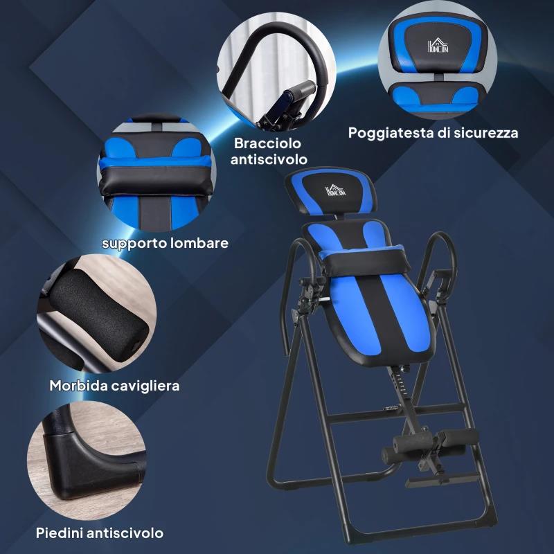PANCA A INVERSIONE GRAVITAZIONALE PIEGHEVOLE CON LUNGHEZZA REGOLABILE DA 140-203 CM E RUOTE, NERO E BLU
