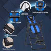 PANCA A INVERSIONE GRAVITAZIONALE PIEGHEVOLE CON LUNGHEZZA REGOLABILE DA 140-203 CM E RUOTE, NERO E BLU