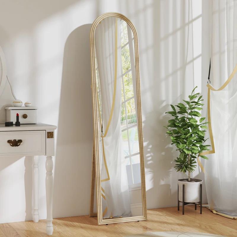 SPECCHIO DA TERRA E PARETE A FIGURA INTERA CON CAVALLETTO, EFFETTO PIETRA E FORMA AD ARCO, 40X160 CM, BEIGE