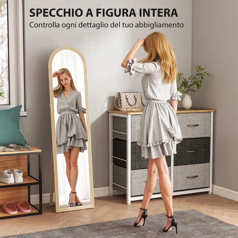 SPECCHIO DA TERRA E PARETE A FIGURA INTERA CON CAVALLETTO, EFFETTO PIETRA E FORMA AD ARCO, 40X160 CM, BEIGE