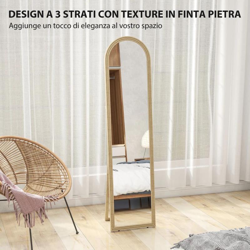 SPECCHIO DA TERRA E PARETE A FIGURA INTERA CON CAVALLETTO, EFFETTO PIETRA E FORMA AD ARCO, 40X160 CM, BEIGE