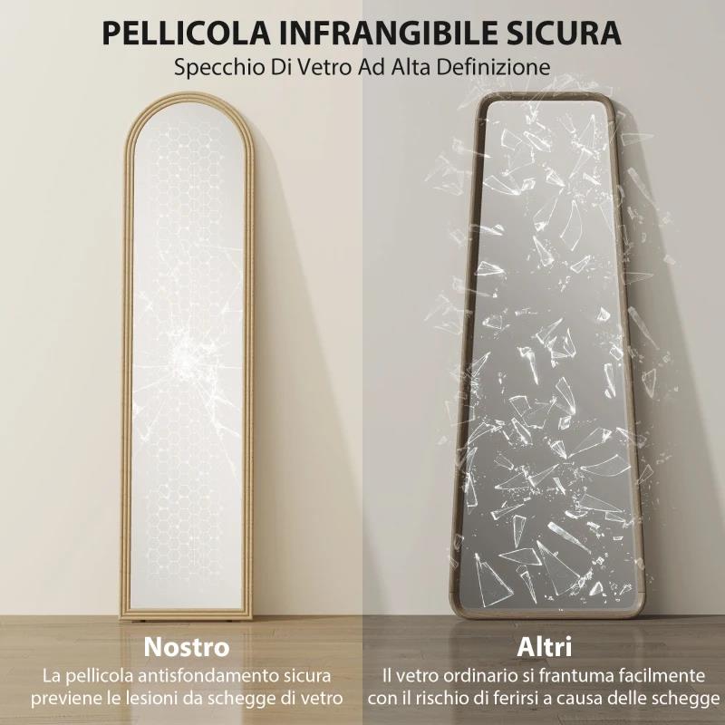 SPECCHIO DA TERRA E PARETE A FIGURA INTERA CON CAVALLETTO, EFFETTO PIETRA E FORMA AD ARCO, 40X160 CM, BEIGE