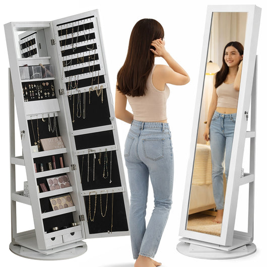 Specchiera Portagioie Bianco Armadietto Portagioielli Anta Apribile 37x159.5cm