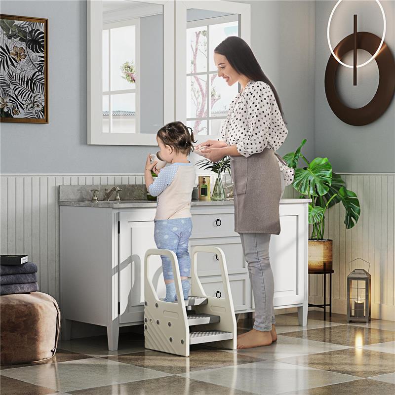 SGABELLO PER BAMBINI 2-5 ANNI A 3 GRADINI IN HDPE, 43X42X65.5 CM GRIGIO E BIANCO CREMA