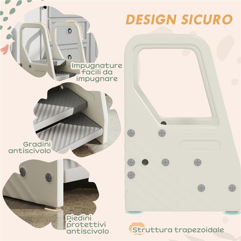 SGABELLO PER BAMBINI 2-5 ANNI A 3 GRADINI IN HDPE, 43X42X65.5 CM GRIGIO E BIANCO CREMA