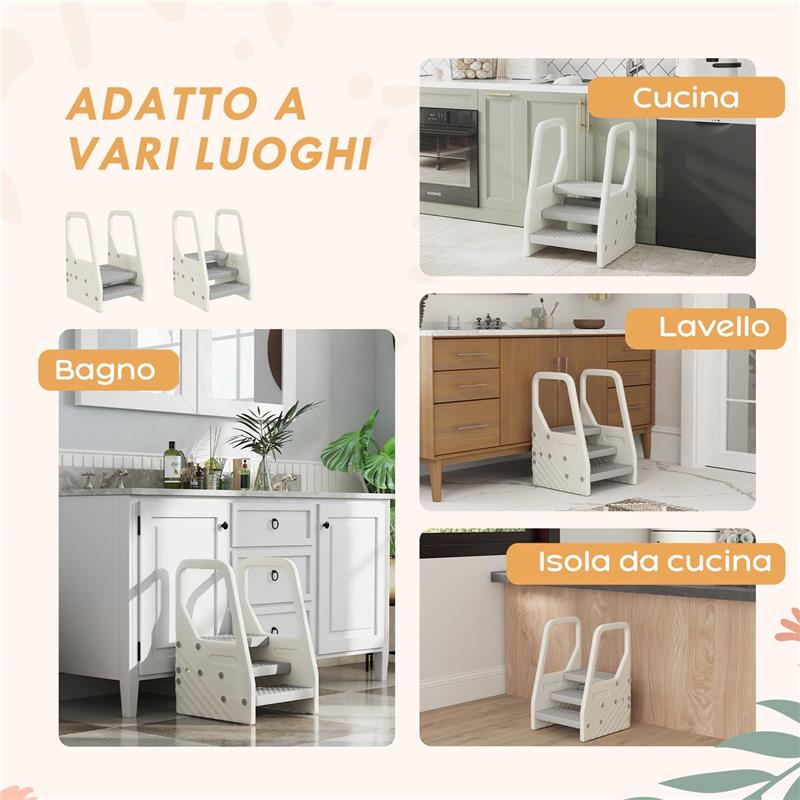 SGABELLO PER BAMBINI 2-5 ANNI A 3 GRADINI IN HDPE, 43X42X65.5 CM GRIGIO E BIANCO CREMA