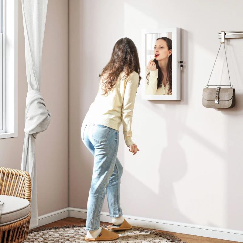 MOBILETTO PORTAGIOIE A SPECCHIO CON DESIGN A MURO E 2 CHIAVI DI SICUREZZA, IN LEGNO, 36.5X9.5X67 CM, BIANCO
