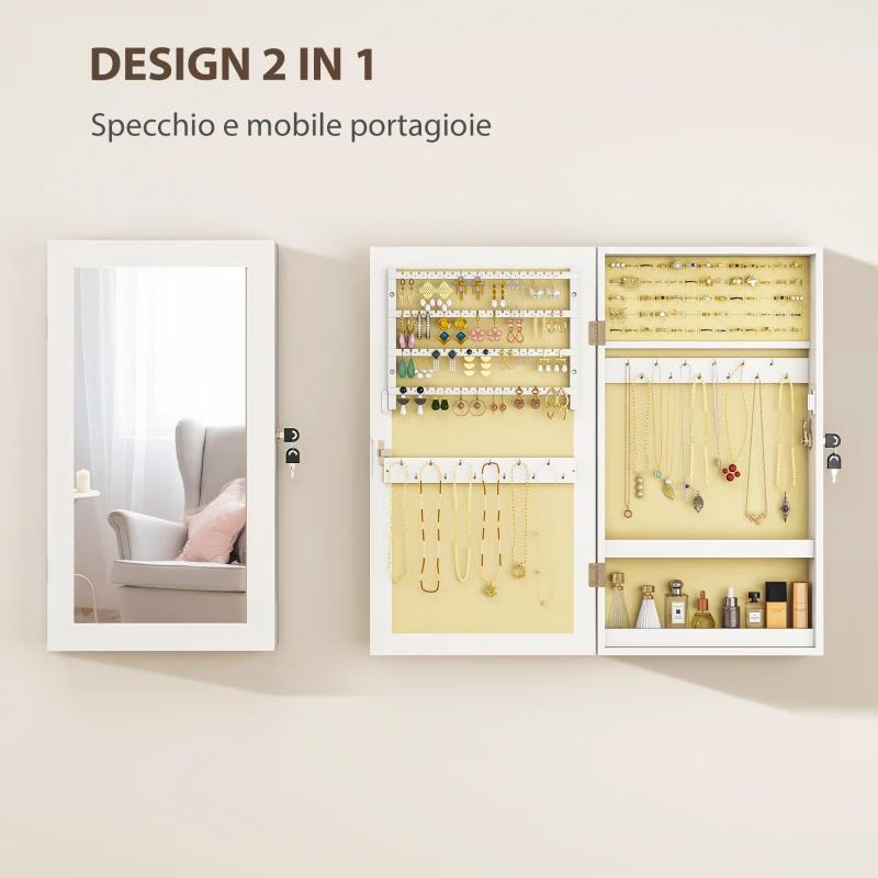 MOBILETTO PORTAGIOIE A SPECCHIO CON DESIGN A MURO E 2 CHIAVI DI SICUREZZA, IN LEGNO, 36.5X9.5X67 CM, BIANCO