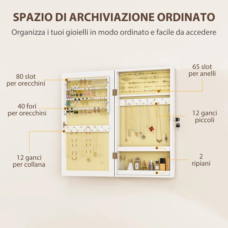 MOBILETTO PORTAGIOIE A SPECCHIO CON DESIGN A MURO E 2 CHIAVI DI SICUREZZA, IN LEGNO, 36.5X9.5X67 CM, BIANCO