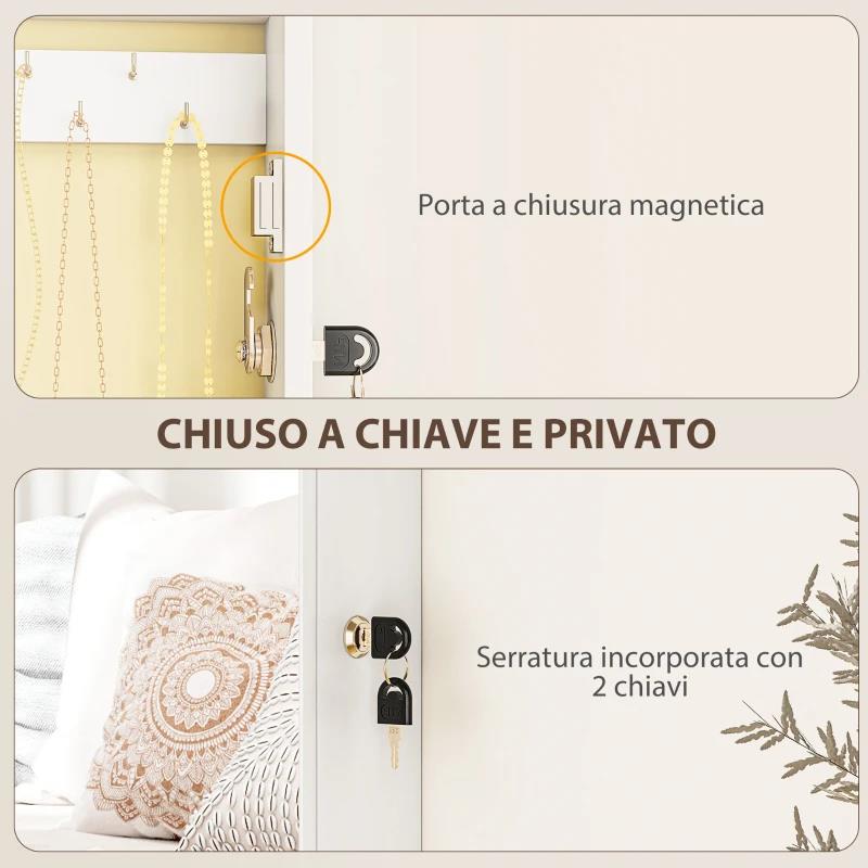 MOBILETTO PORTAGIOIE A SPECCHIO CON DESIGN A MURO E 2 CHIAVI DI SICUREZZA, IN LEGNO, 36.5X9.5X67 CM, BIANCO