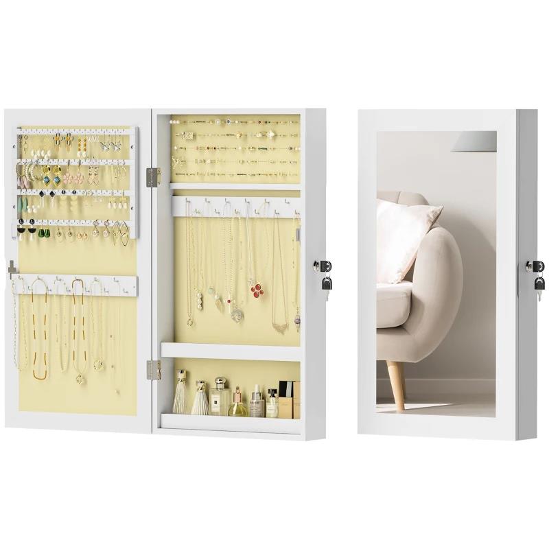 MOBILETTO PORTAGIOIE A SPECCHIO CON DESIGN A MURO E 2 CHIAVI DI SICUREZZA, IN LEGNO, 36.5X9.5X67 CM, BIANCO