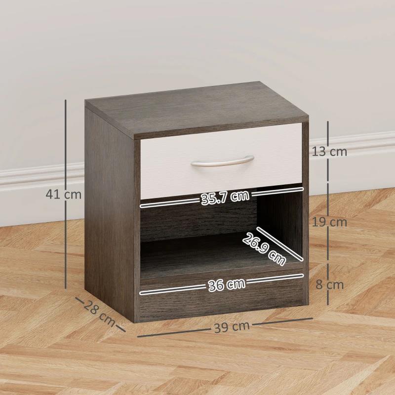 SET 2 COMODINI MODERNI CON RIPIANO APERTO E CASSETTO, IN LEGNO, 39X28X41 CM, BIANCO E GRIGIO SCURO