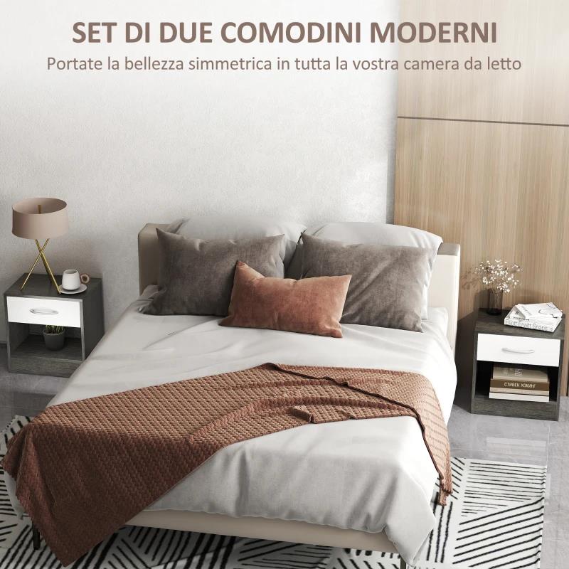 SET 2 COMODINI MODERNI CON RIPIANO APERTO E CASSETTO, IN LEGNO, 39X28X41 CM, BIANCO E GRIGIO SCURO