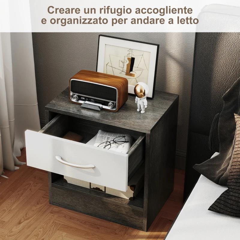 SET 2 COMODINI MODERNI CON RIPIANO APERTO E CASSETTO, IN LEGNO, 39X28X41 CM, BIANCO E GRIGIO SCURO