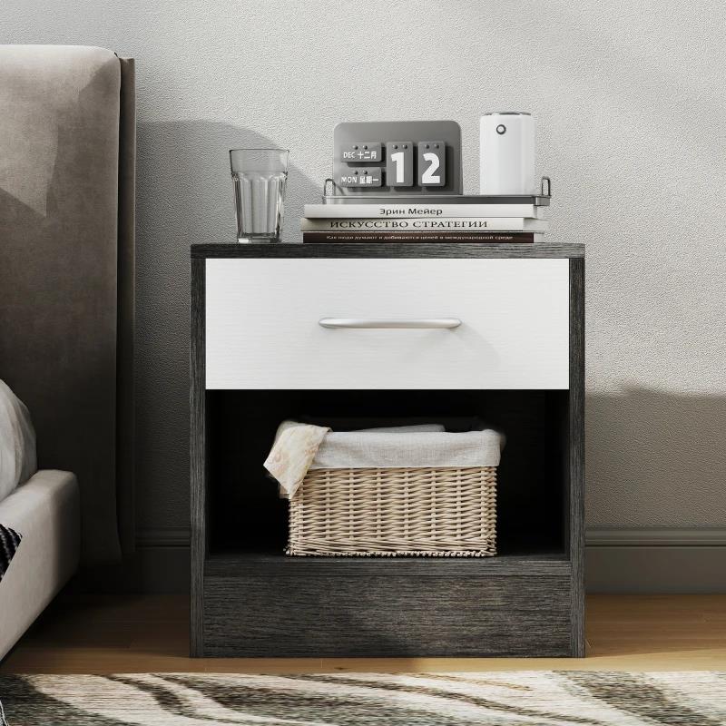 SET 2 COMODINI MODERNI CON RIPIANO APERTO E CASSETTO, IN LEGNO, 39X28X41 CM, BIANCO E GRIGIO SCURO