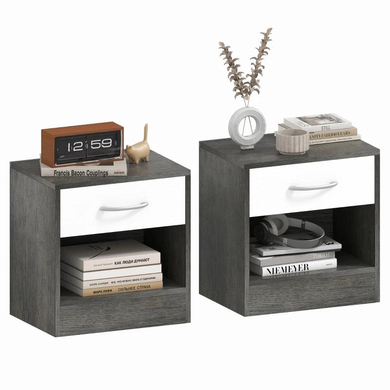 SET 2 COMODINI MODERNI CON RIPIANO APERTO E CASSETTO, IN LEGNO, 39X28X41 CM, BIANCO E GRIGIO SCURO