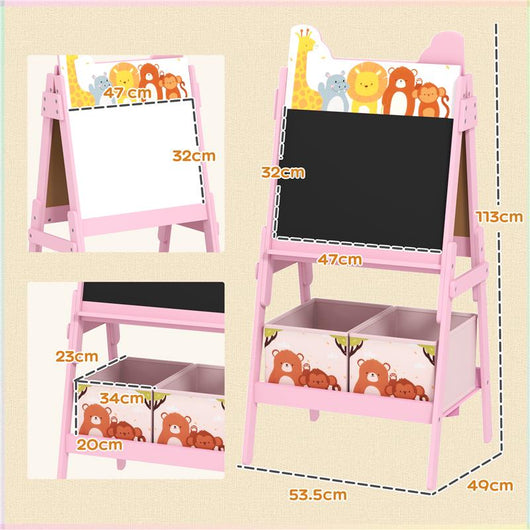 CAVALLETTO ARTISTICO PER BAMBINI 3-8 ANNI CON LAVAGNA A 2 LATI E 2 CESTINI CONTENITORI, IN LEGNO, 53.5X49X113 CM, ROSA