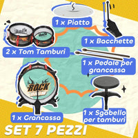 SET BATTERIA GIOCATTOLO PER BAMBINI CON SGABELLO, GIOCO MUSICALE PER BAMBINI 3-6 ANNI, NERO