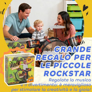 SET BATTERIA GIOCATTOLO PER BAMBINI CON SGABELLO, GIOCO MUSICALE PER BAMBINI 3-6 ANNI, NERO