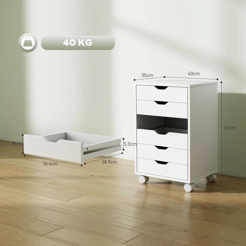 CASSETTIERA DA UFFICIO A 6 CASSETTI CON 4 RUOTE E BLOCCO, 40X35X63 CM, BIANCO