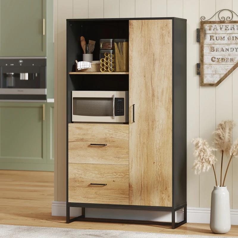 CREDENZA MODERNA DA CUCINA CON 2 CASSETTI, 2 RIPIANI E UN ARMADIETTO, 88X35X160 CM, LEGNO E NERO