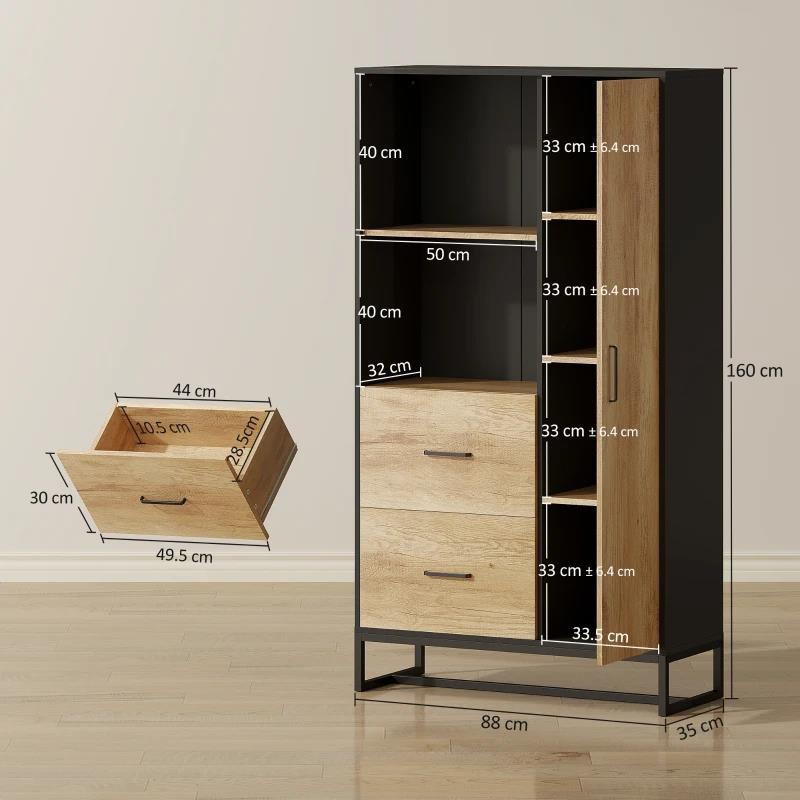CREDENZA MODERNA DA CUCINA CON 2 CASSETTI, 2 RIPIANI E UN ARMADIETTO, 88X35X160 CM, LEGNO E NERO