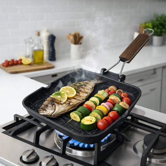 Bistecchiera 28x28 cm Antiaderente 5 Strati Pietra Manico Pieghevole Made in Italy