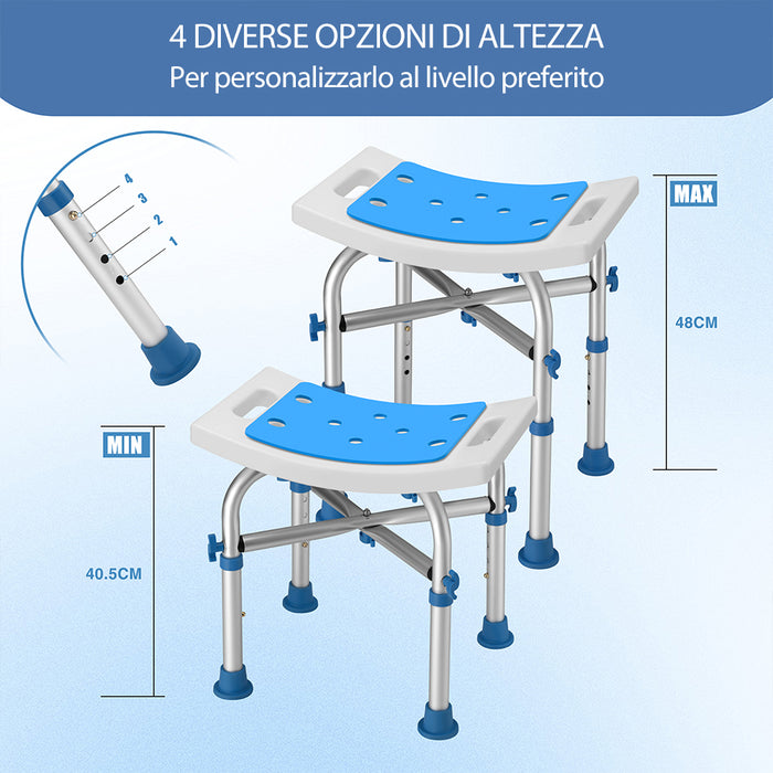 Sgabello Doccia Alluminio Antiscivolo per Anziani e Disabili Altezza Regolabile