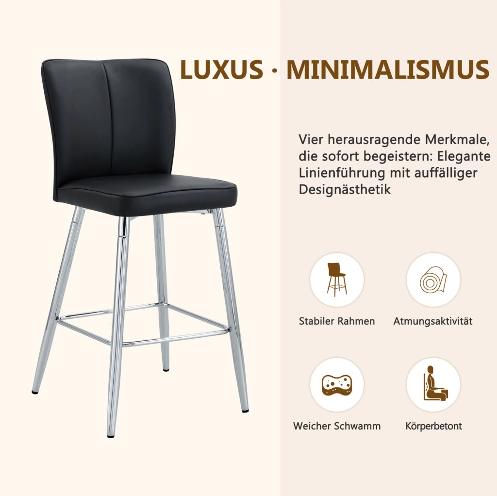 Sgabello da bar con schienale ergonomico in pelle PU nera e metallo argento