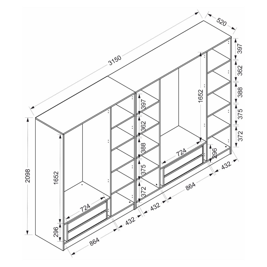 Armadio Camera da Letto Prunettos, Guardaroba Grande Appendiabiti, 315x210h cm Nero Antracite