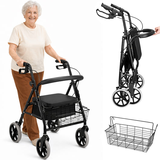 Deambulatore per Anziani in Alluminio Pieghevole con Seduta Cestino e Freni