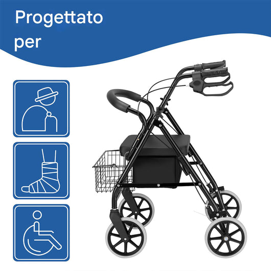Deambulatore per Anziani in Alluminio Pieghevole con Seduta Cestino e Freni