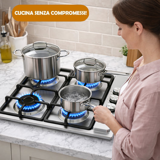 Piano Cottura in Acciaio Inox e Ghisa per Gas 4 Bruciatori e Manopole Ponticello