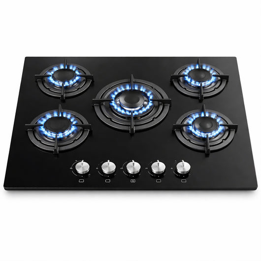 Piano Cottura in Vetroceramica Nero 5 Fuochi Ghisa Bruciatore a Incasso in Vetro