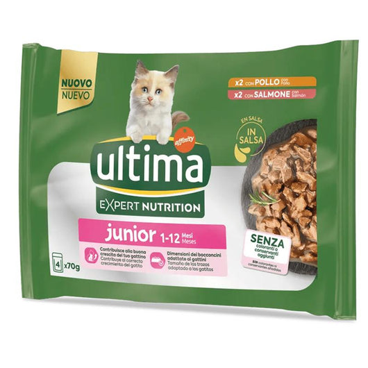 ULTIMA EXPERT NUTRITION PACK JUNIOR CON POLLO E SALMONE GATTI 1 - 12 MESI, 4 BUSTE X 70GR
