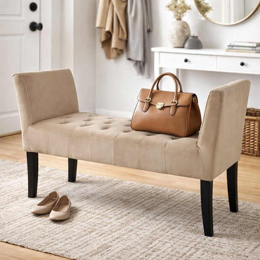 Panca Tortora con Piedi in Legno e Rivestimento Velluto Camera da Letto Ingresso