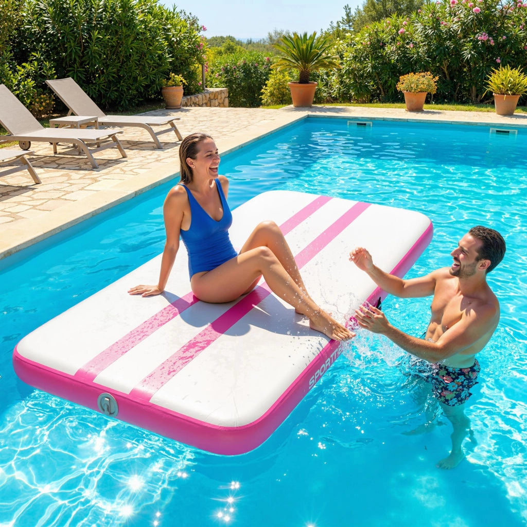 Tappetino Gonfiabile Ginnastica 205x102x10 cm con Pompa Elettrica e Borsa Trasporto in PVC Rosa