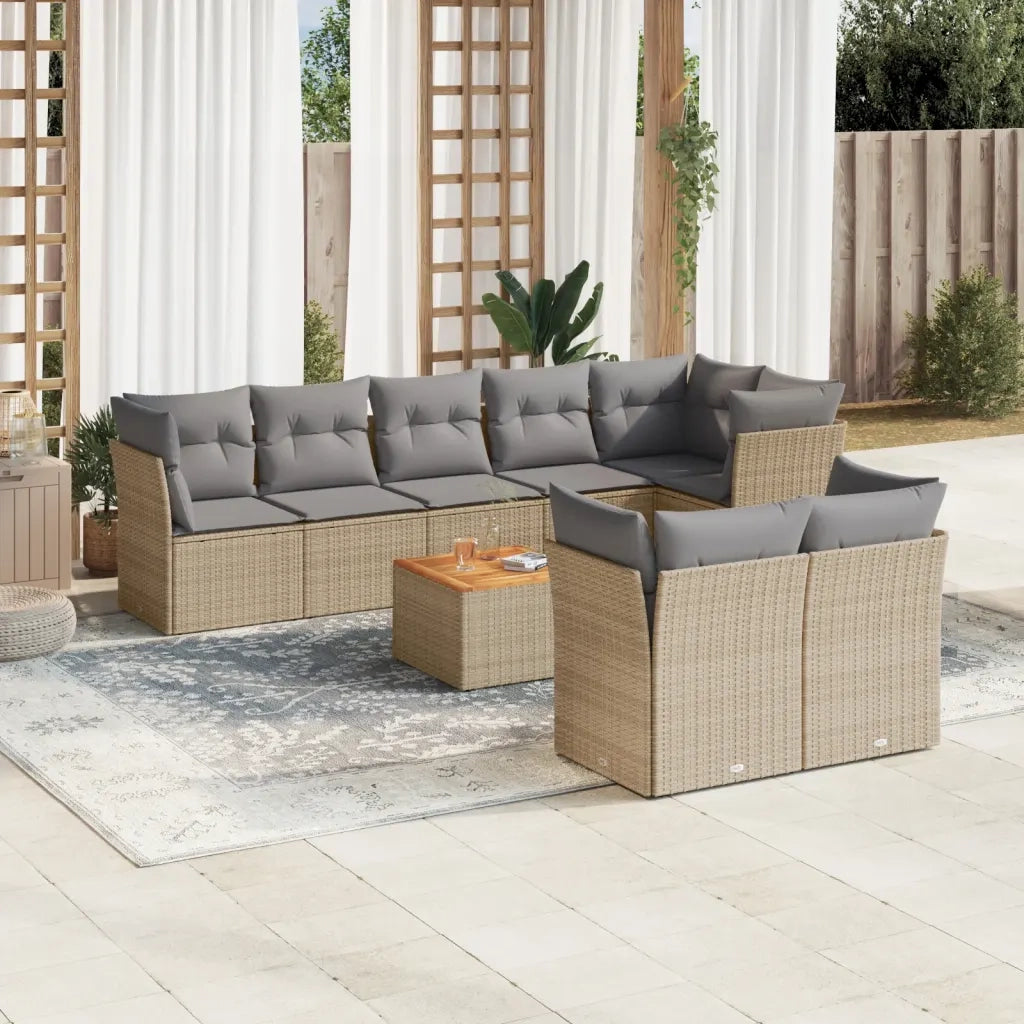 Set Divano da Giardino 9 pz con Cuscini Beige Misto Polyrattan