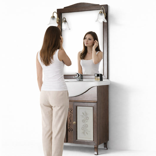 Mobile Da Bagno Noce Completo Modello Giada Ante Vetro 75cm Legno con Specchio