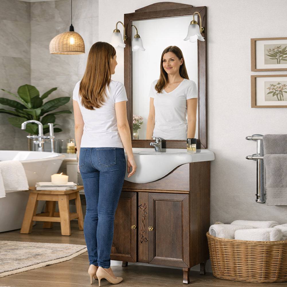 Mobile Da Bagno Noce Completo Modello Giada Ante Lisce 75cm Legno con Specchio