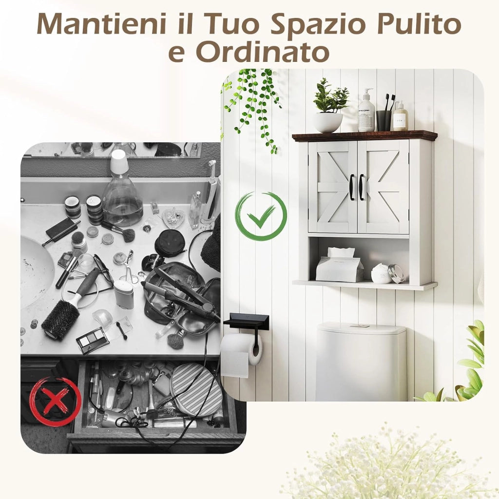 Mobile da Parete per Bagno, Mobiletto Bagno a Muro in Stile Rustico con Ripiano Regolabile e Scomparto Aperto, Armadietto per Soggiorno, Cucina e Ingresso, 55 x 19 x 60 cm (Bianco)