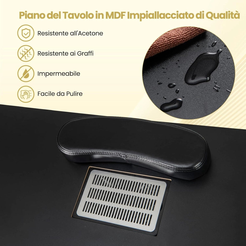 Tavolo Manicure con Aspirapolvere, Tavolo Unghie con Cassetti, Spina, 3 Sacchetti, Armadietto, Cuscino Poggia Polso e 8 Ruote blocabili, Banco Ricostruzione Unghie in Legno (Nero)