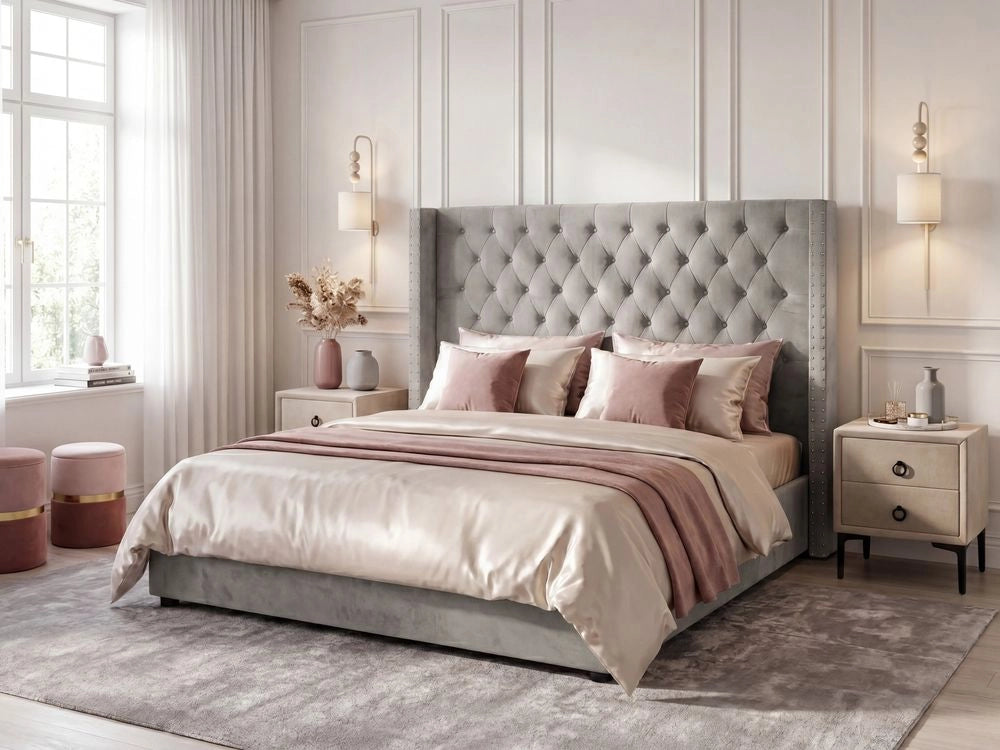 Letto contenitore velluto grigio chiaro e argento 180 x 200 cm glamour elegante